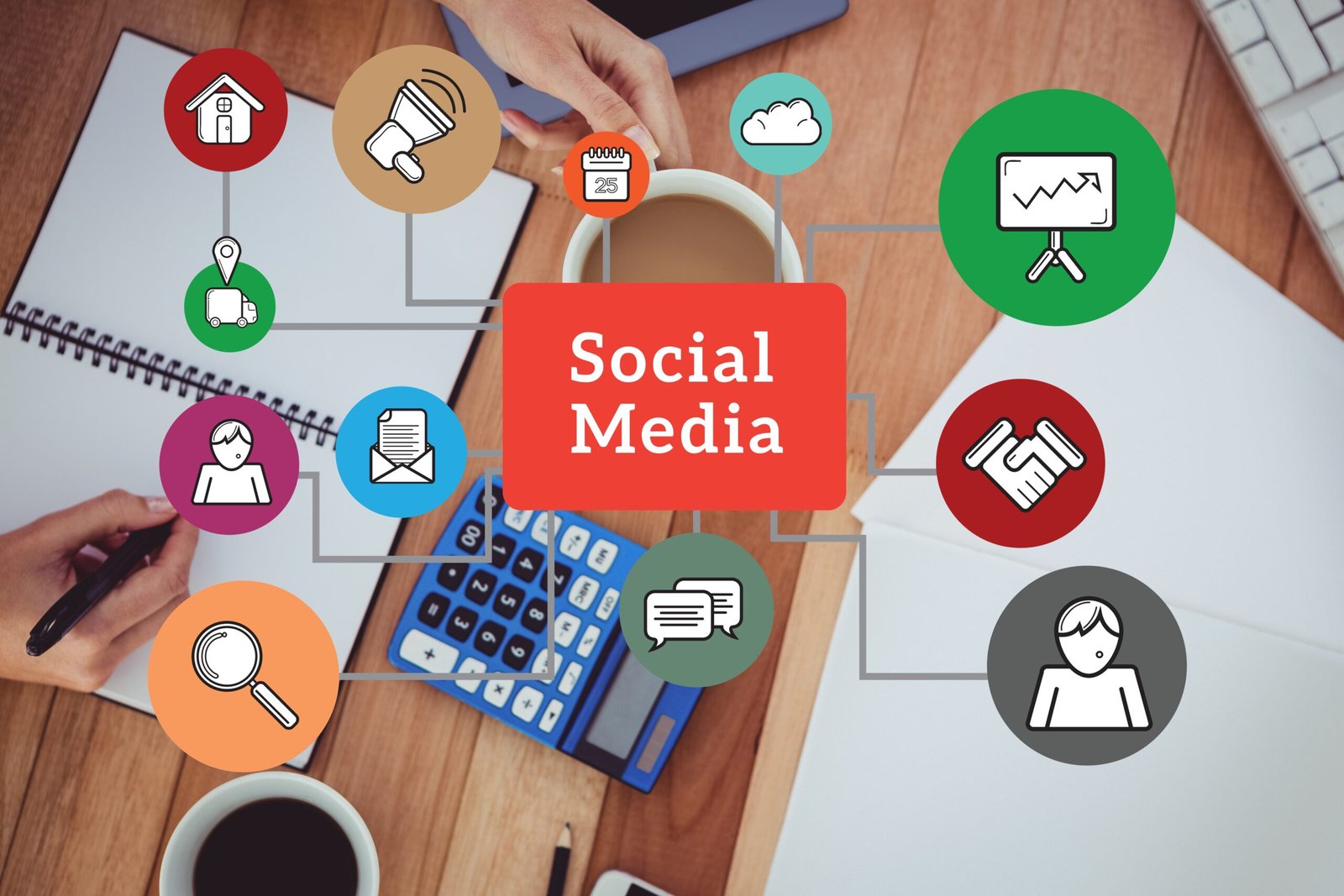 digital composite of hands using notebook with graphics social media marketing